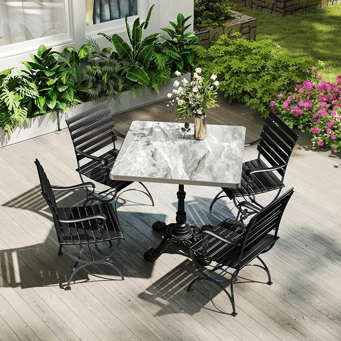 extrasleep 31.5" Bistro Table for Patio, Square Outdoor Dining Table with Cast Iron Style Pedestal Base, Tulip Table for 2-4 Person, Vintage Faux Marble Cafe Kitchen Table for Yard, Balcony, Garden