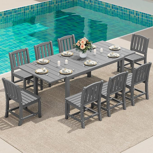 SERWALL Outdoor Patio Dining Set for 8, Grey | 60" - 83" Expandable Outdoor Dining Table and 8 HDPE Chairs, All Weather Material Outdoor Furniture Set Backyard, Garden