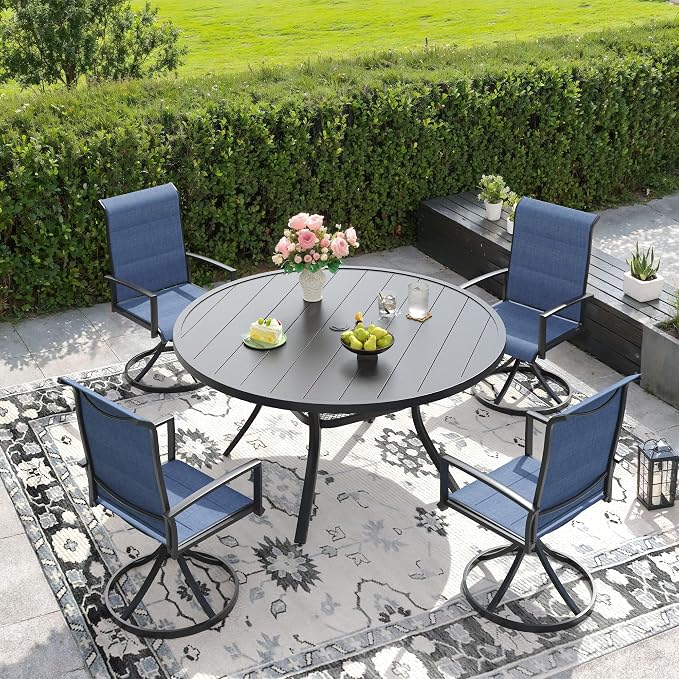DIFY 5 Piece Outdoor Patio Dining Set for 4, 47.2" Black Round Metal Dining Table and Swivel Patio Chairs with Blue Padded Textilene, All-Weather Outdoor Furniture Set for Garden Backyard Porch