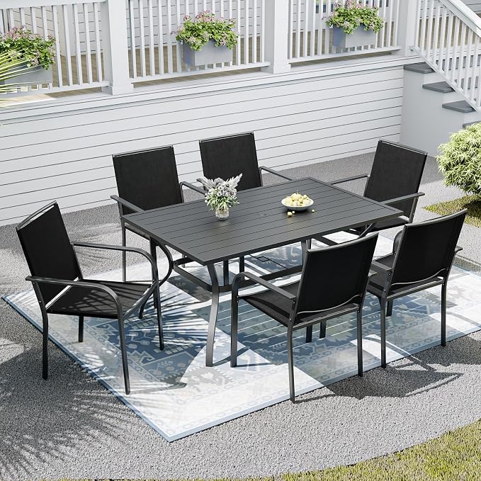 Patio Dining Set,Including 60"x 38" Steel Slat Dining Table and 6 Stackable Patio Chairs,Outdoor Furniture Set with 1.6" Umbrella Hole for All Weather