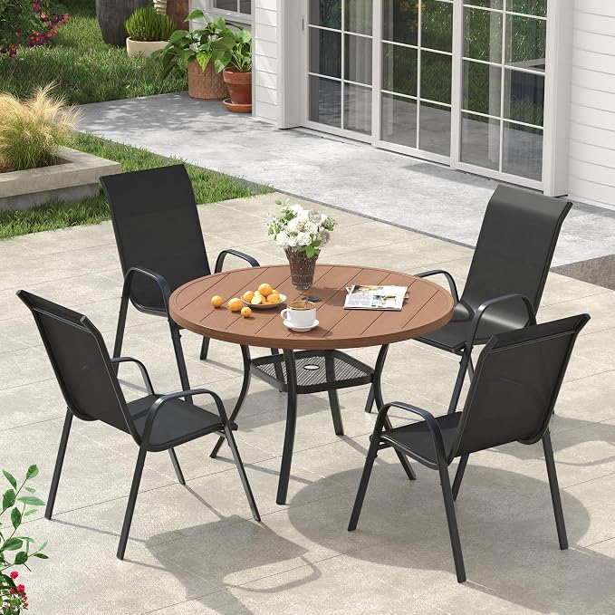 VICLLAX Round Patio Dining Set for 4, Metal Slatted Patio Table with Umbrella Hole and Stackable Patio Chairs for Deck Lawn Garden, Black Fabric and Walnut Tabletop