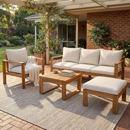 Virubi 4-Piece Acacia Sectional Patio Sofa Set, Water-Repellent Cushions, Transitional Style Outdoor Conversation Set with 3-Seater Sofa, Chair, Coffee Table & Ottoman