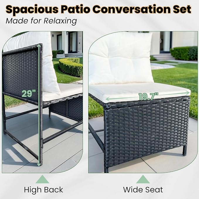 GIANGSUNNY 4 Piece Patio Furniture Set with Acacia Wood Table, Outdoor Hand-Woven Wicker Rattan Conversation Set, Weather-Resistant Seating for Patio, Balcony, Porch, Garden (Black)