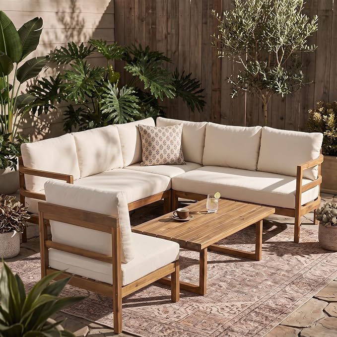 Merax Outdoor Acacia Wood 5-Seater Sectional Sofa Set with Cushions, Solid Wood Patio Modular Lounge with Corner & Table for Balcony, Deck, Porch, Garden, Beige + Light Brown