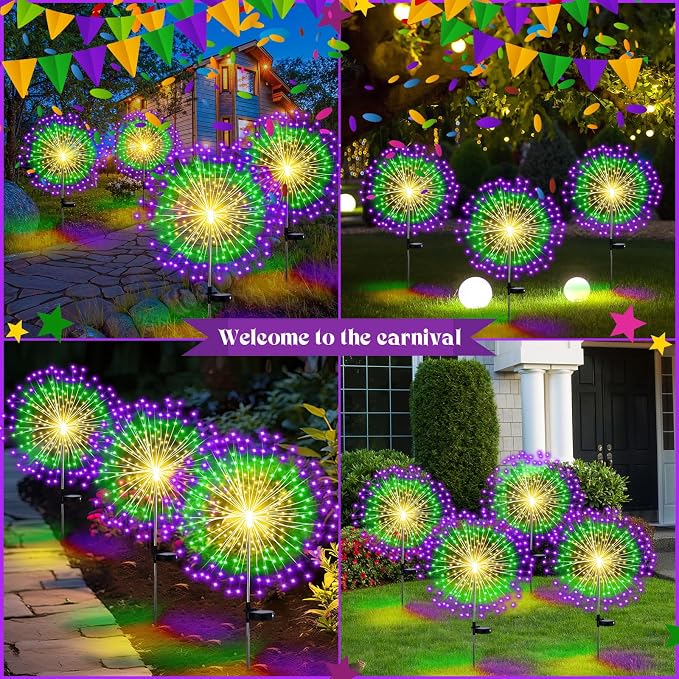 Tujoe Halloween Decoration Outdoor 4 Pack Solar Firework Light with 180 LED Halloween Solar Lights 8 Lighting Modes for Yard Garden Pathway Party Decoration(Green, Yellow, Purple)
