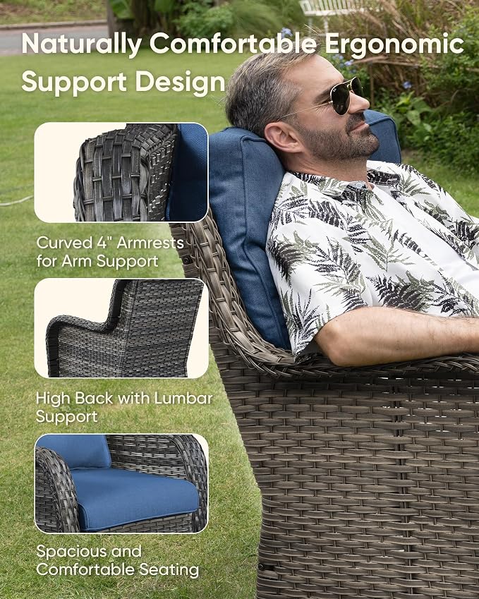 HUMMUH 4 Piece Outdoor Patio Furniture Set Wicker Conversation Bistro Set Swivel Rocker Chairs with 2pcs Ottomans for Backyard, Porch, Balcony