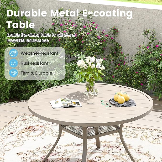 Patio Dining Table for 4-6, Round Metal Outdoor Table with 1.57" Umbrella Hole, 47" Outdoor Slat Tabletop Dining Table for Backyard, Porch, Lawn, Sand