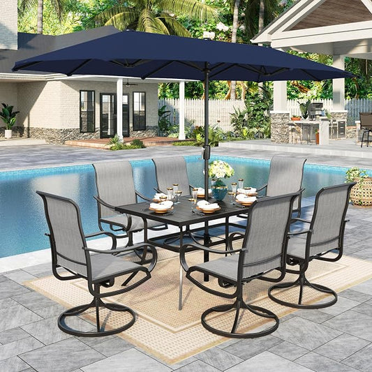 Sophia & William Patio Set with Umbrella 8 Pieces Outdoor Dining Set for 6 with 13ft Umbrella Navy Blue, 6 x Grey Swivel Patio Chairs with 59" Dining Table for Lawn Garden (No Umbrella Base)
