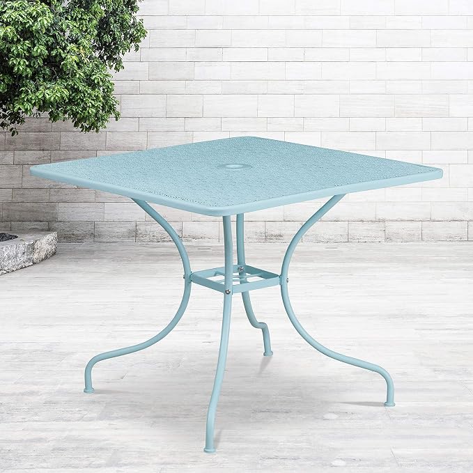 EMMA + OLIVER Commercial Grade 35.5" SQ Sky BL Indoor-Outdoor Steel Patio Table-Umbrella Hole