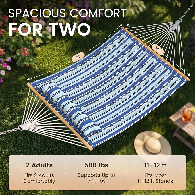 Everyfun Double Hammock with Spreader Bar - 2 Person Patio Hammock, 500 lbs Capacity, Soft Pillow & Carry Bag, Flat Wide Bed, Portable Quilted Hammock for Outdoor Camping Backyard Garden,Blue