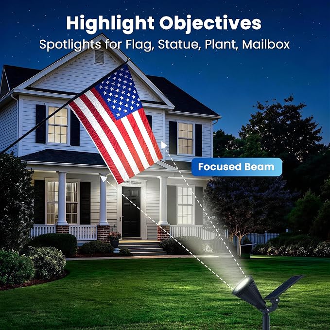 JEJOT 1 Pack Solar Lights Outdoor Waterproof,Cool White Light,2 Lighting Modes,Solar Powered Spotlights for Yard Garden Solar Spot Lights for Flag Landscape Auto On/Off