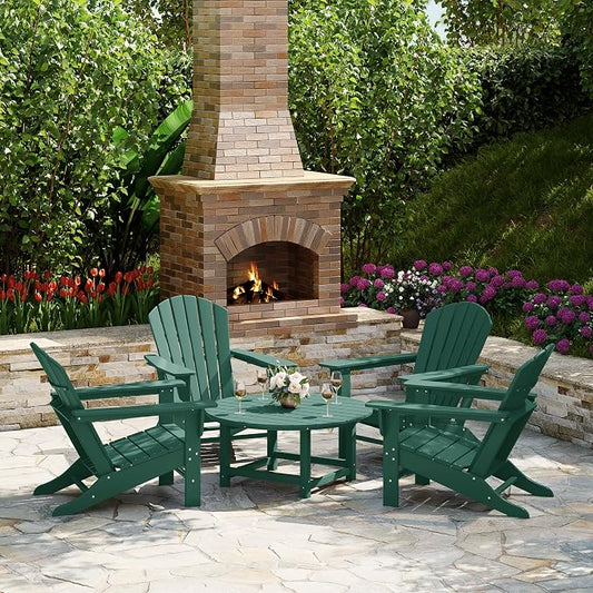 Costaelm Patio Conversation Set, Outdoor Chairs Set of 5 Balcony Firepit Furniture Outdoor Adirondack Round Table and Chair Backyard Furniture Set for Lawn Porch Pool Garden, Dark Green