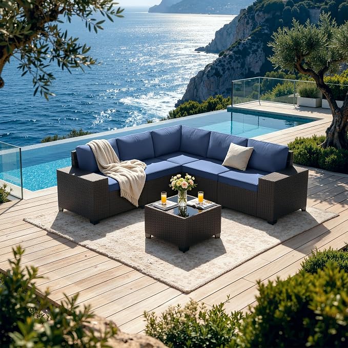 Patio Furniture Set 6 Pieces Outdoor Sectional Sofa Set,PE Rattan Wicker Patio Conversation Set with Thickened Cushions and Glass Coffee Table,NavyBlue