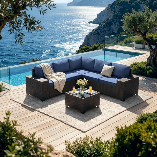 Patio Furniture Set 6 Pieces Outdoor Sectional Sofa Set,PE Rattan Wicker Patio Conversation Set with Thickened Cushions and Glass Coffee Table,NavyBlue