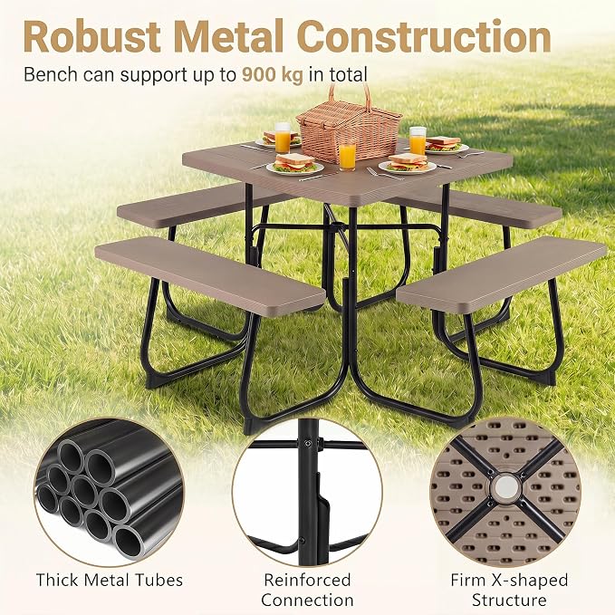 HAPPYGRILL 4-8 Person Square Picnic Table Bench Set with Umbrella Hole, Outdoor Camping Table with HDPE Material and Sturdy Metal Frame for Patio, Garden and Backyard