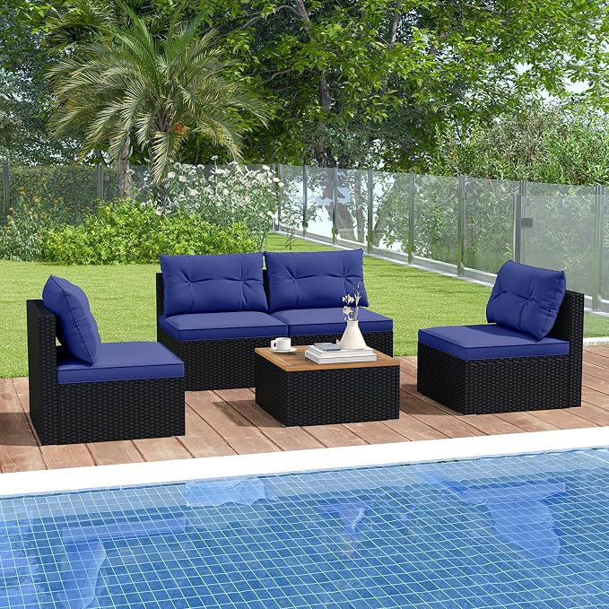 DORTALA 5 Piece Wicker Patio Furniture Set, PE Rattan Outdoor Sectional Conversation Set with Acacia Wood Coffee Table, 4 Chairs for Deck, Backyard, Poolside, Navy