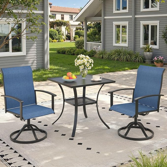 3 Pieces Small Outdoor Dining Set, 27.5" Square Small Patio Table and Patio Swivel Chairs for Backyard Deck Garden, Black Table and Dark Blue Chairs