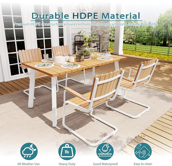 5 Piece Outdoor Conversation Set for 4, HDPE Patio Seating Set with Table and Chairs, All-Weather Outdoor Lounge Furniture with Umbrella Hole for Garden, Porch, Poolside, White & Teak