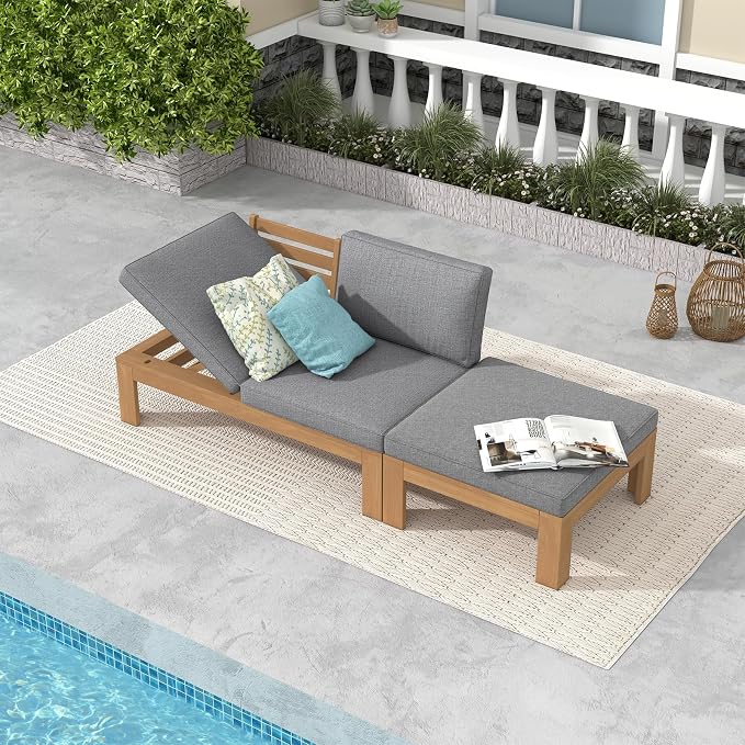 SUNSITT 2 Piece Acacia Wood Patio Furniture Outdoor Loveseat Sofa Set with Adjustable Armrest, FSC Certified L-Shaped Patio Set w/2-in-1 Coffee Table, Grey Cushions for Garden