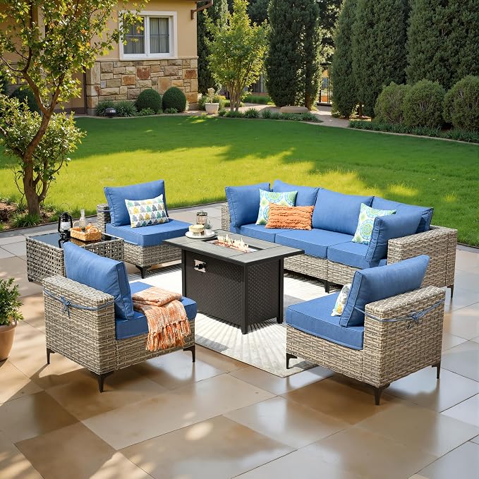 8 Pcs Patio Furniture with Fire Pit Table, Outdoor Rattan Wicker Conversation Set with Glowing Coffee Table, Comfy Sectional Sofa for Porch Balcony Backyard Pool, Light Blue