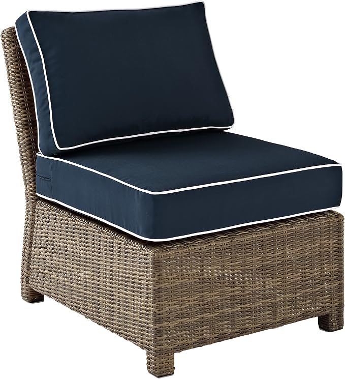 Crosley Furniture Bradenton 5-Piece Outdoor Sectional Sofa Wicker Conversation Patio Furniture Set for Deck, Brown with Navy Cushions