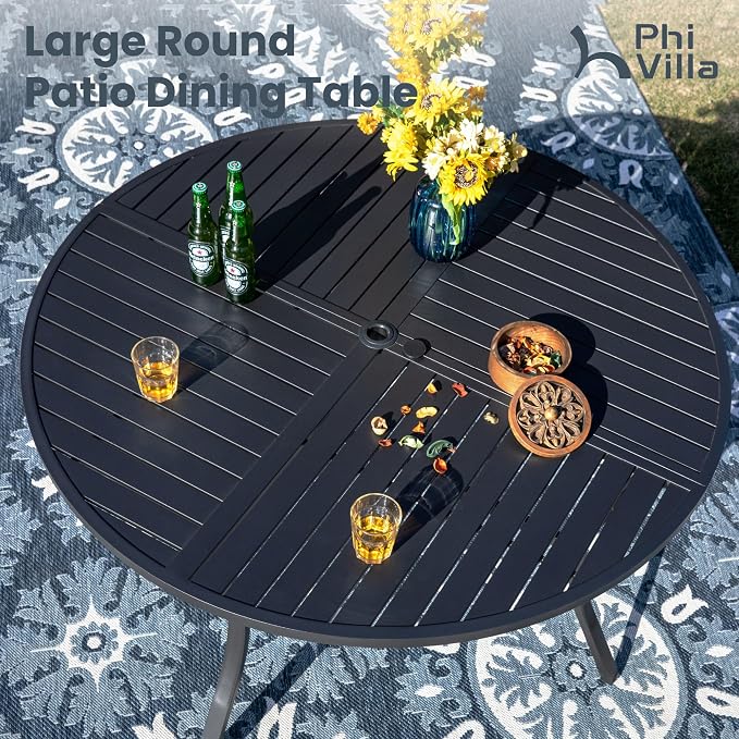 PHI VILLA Round Outdoor Dining Set for 6 with Swivel Chairs, Navy Blue | High back padded chairs，All weather reistant, Metal table, Umbrella hole, 7 piece, Patio deck backyard