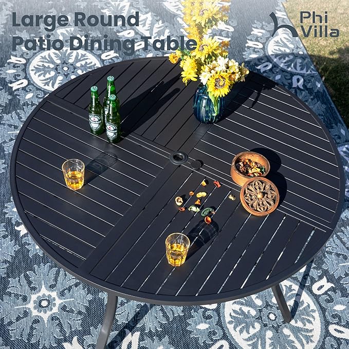 PHI VILLA Outdoor Dining Set for 6 w/Round Metal Table & Swivel Chairs | Padded Textilene, High back & Ergonomic, Umbrella hole, Weather resistant, Heavy-duty, Patio backyard deck, 7 piece