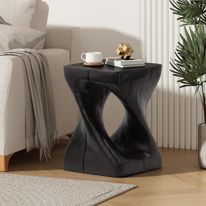 Patio Side Table Outdoor Faux Wood End Table Square Small Coffee Table Outdoor Accent Tables Garden Stool Plant Stand for Porch, Backyard Black