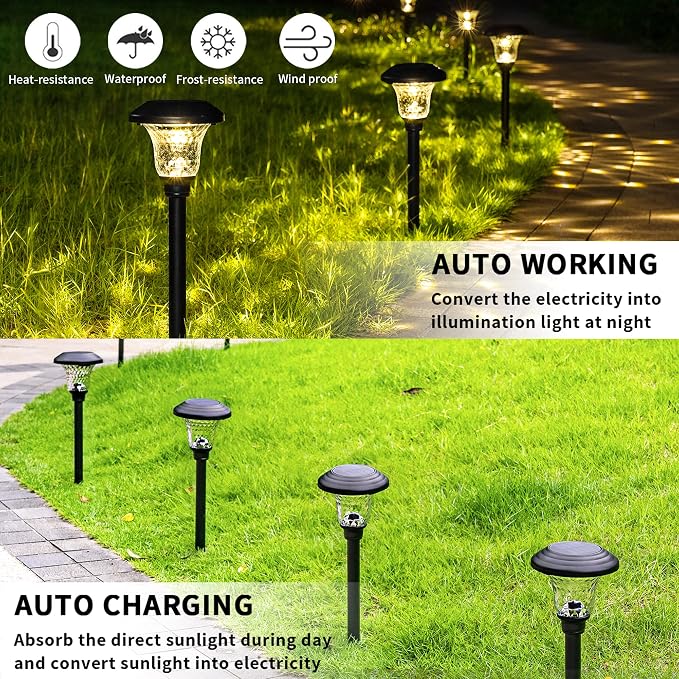 GIGALUMI Metal & Glass Solar Lights Outdoor, 8 Pack LED Garden Lights | Solar Pathway Lights Waterproof IP65, Warm White Landscape Path Lights, Garden Decor for Yard, Patio, Walkway (Black)