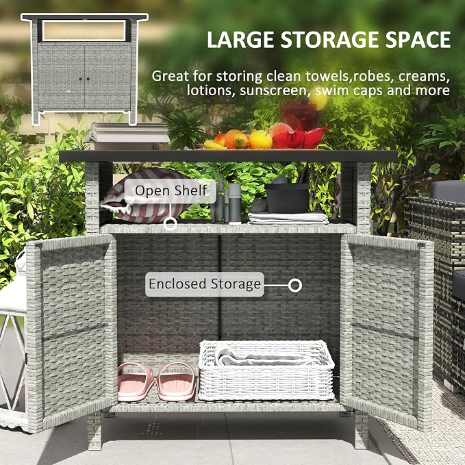 Outsunny Wicker Outdoor Storage Cabinet, Rattan Bar Table with 2 Doors and Shelf, Buffet Sideboard with Metal Slatted Countertop for Poolside, Patio, Backyard, Gray