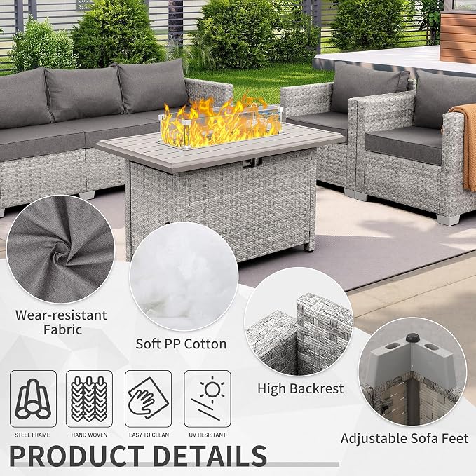 WAROOM Patio Furniture Set 4 Piece Outdoor Wicker Conversation Sets PE Rattan Couch Sectional Sofa with Fire Pit Table, Grey Cushion