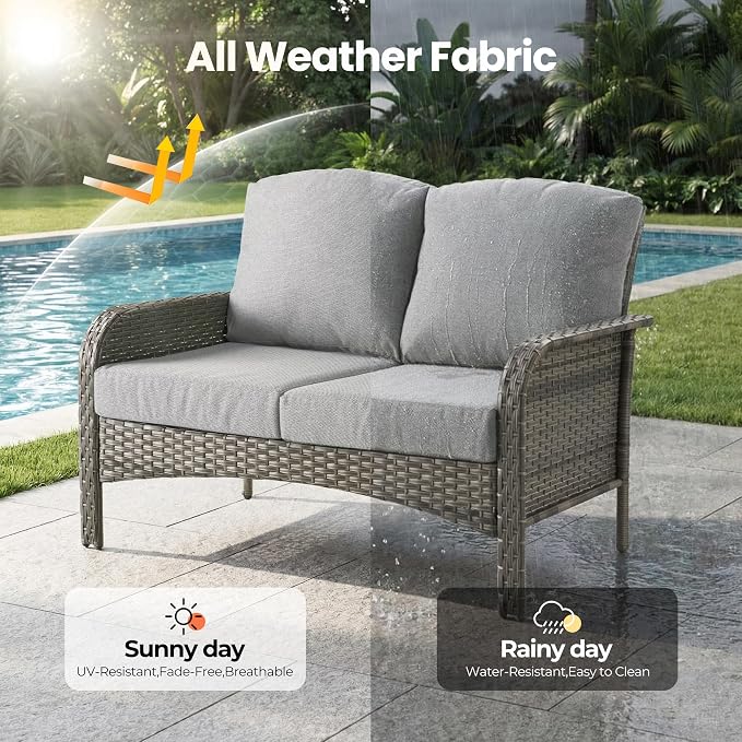8 Piece Wicker Patio Furniture Set with Swivel Chairs, Dark Gray | 4 Swivel Rocker Chairs, High Back Loveseat Sofa, Coffee Table, Rattan Outdoor Conversation Set, Porch Deck Backyard Poolside