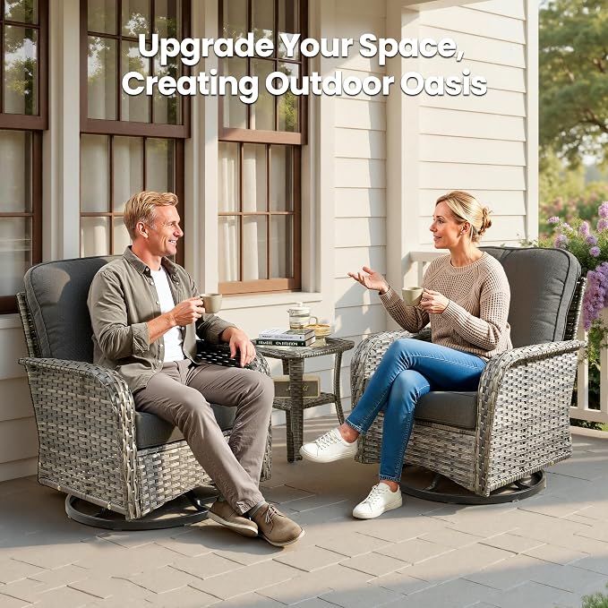 3 Piece Patio Swivel Rocker Chairs Set with Side Table, Black | High Back Deep Seating, All Weather Wicker, Outdoor Glider Chair with Comfy Cushion, Porch Deck Sunroom Balcony Furniture