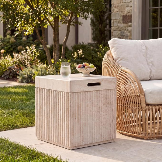 Christopher Knight Home Livia 20.28" Tall Outdoor Square Accent Side Table, Patio Decorative End Table with Fluted Design, MGO Garden Stool for Patio Living Room Balcony & Garden Decor, Travertine
