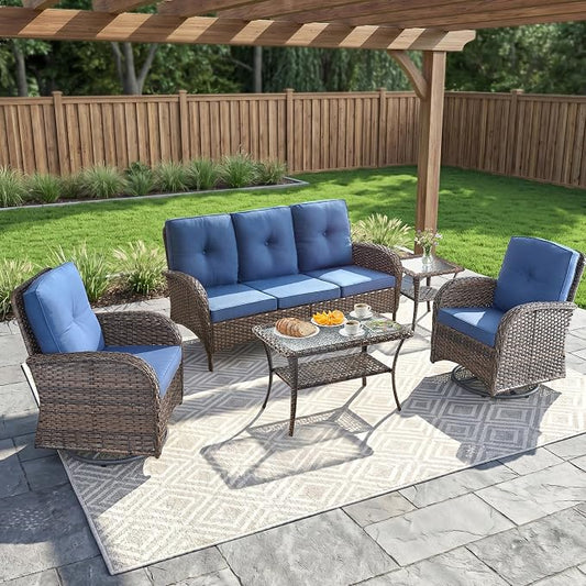 5 Piece Patio Furniture Set - Wicker Patio Conversation Set with Swivel Glider, 3 Seat Sofa, Tempered Glass Side Table and Coffee Table for Deck Backyard - Brown Wicker Blue Cushion