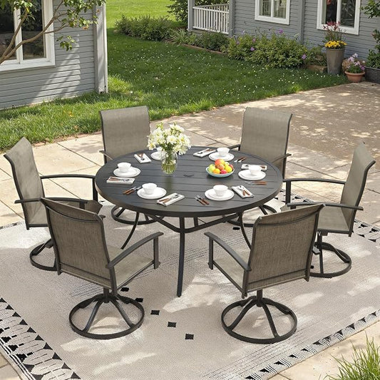 7 Pieces Round Patio Dining Set, Outdoor Furniture of 50" Round Patio Table and Patio Swivel Chairs for Backyard Lawn Garden, Black Table and Mixed Brown Chairs