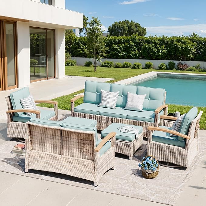 MEISSALIVVE 7 Pieces Outdoor Patio Furniture Sets, Wicker Patio Conversation Sets with 2 Wood Armrests Swivel Glide Chairs, Outdoor Couch for Deck Yard and Poolside (Blue)