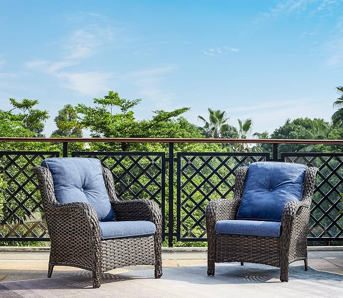 Rilyson Outdoor Furniture Set, 5-Piece Patio Rattan Wicker Sectional Sofa Set with 3-Seat Couch, 2 Armchairs, 2 Ottoman Footrests for Patio Conversation (5 PC,Brown/Blue)