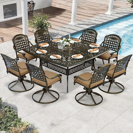 9 Piece Outdoor Patio Dining Set for 8, Cast Aluminium Large Square Dining Table & 4 Swivel Rocker Chairs, 4 Stationary, 8 Cushions, Umbrella Hole, Patio Furniture Set for Garden, Khaki