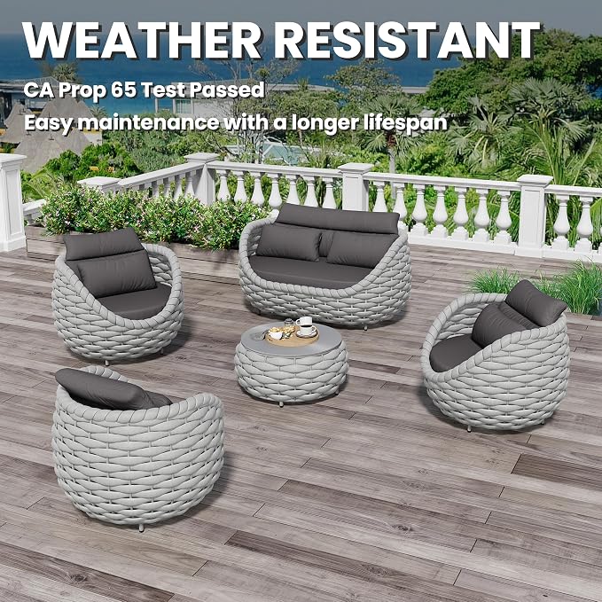 Fully Assembled Patio Furniture Set: 5-Piece Woven Rope Outdoor Conversation Set Cushioned - Modern Metal Deck Loveseat Chair Table Set - Porch Seating for Courtyard Garden Poolside Hotel Resort