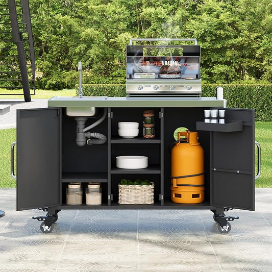 RUNNA Outdoor Kitchen Island with Sink, Metal Grill Cart Table with 304 Stainless Steel Sink, Outdoor Bar Cart Sink Station with 4 Lockable Wheels for Pizza Prep & BBQ, L 55.5" x W 20" H 36.7"
