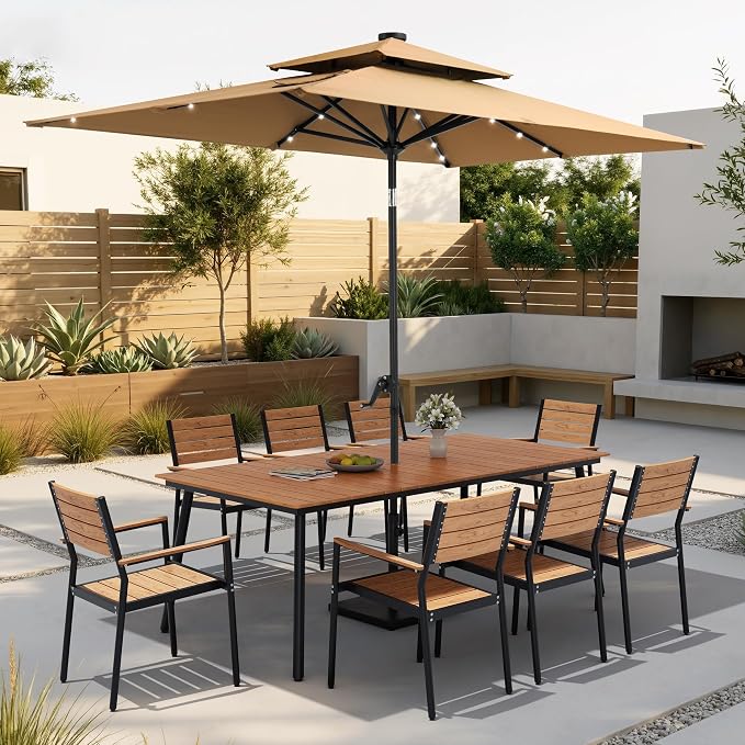 9-Piece Outdoor Dining Set for 8 Person with Teak Wood-Grain Top | Armrest Stackable Chairs with 19.4" Seat Depth, Aluminum Frame Dining Furniture with Umbrella Hole for Deck, Porch & Backyard