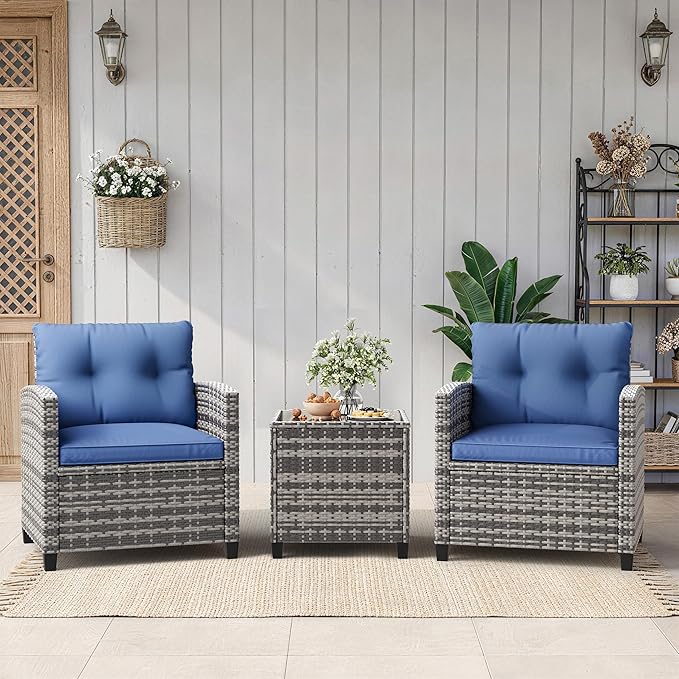 Garvee Outdoor Wicker Chairs,3 Pieces Patio Furniture Set,All Weather High Back Rattan Chairs w/Washable Cushion and Tempered Glass Tabletop for Deck Porch Balcony Backyard Garden,Gray & Blue