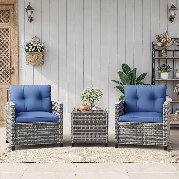 3-Piece Patio Furniture Set, Outdoor PE Rattan Chair with Washable Cushions and Tempered Glass Table Set, All-Weather Conversation Bistro Set for Porch, Garden, Balcony, Deck