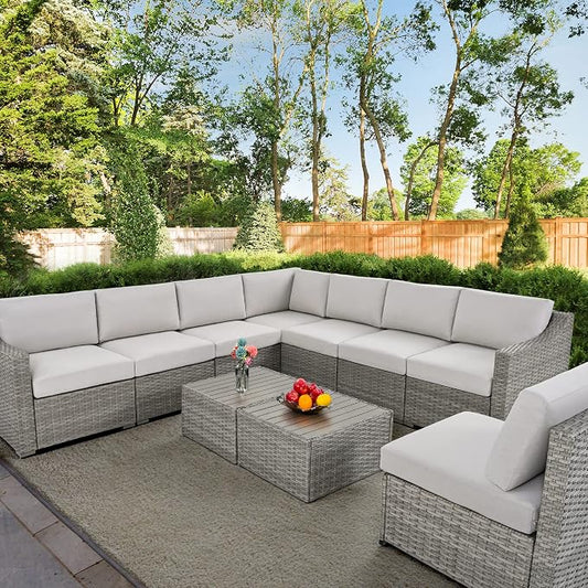 HAPPATIO 10 Piece Patio Conversation Set, Patio Furniture Set with Multiple Configuration Options,Rattan Wicker Outdoor Sectional Sofa. Easy Setup. (Gray/Beige)