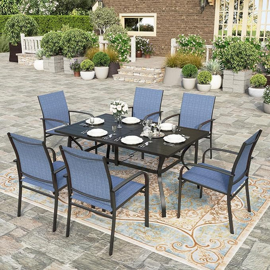 HERA'S HOUSE 7pc Patio Dining Set, 60" Metal Table, Textilene Chairs | Rectangular table with umbrella hole+ 6 blue chairs. Waterproof, rust-resistant, all-weather for backyard, porch