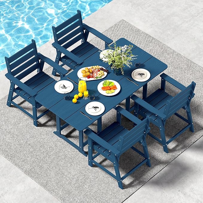5-Piece Dining Set, HDPE Table & 4 Chairs, Navy Blue | HDPE Dining Set: 69.1" Table + 4 Chairs, 380 lbs, 304 Stainless, All-Weather, No Rust No Crack, Outdoor Patio Garden
