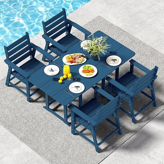 5-Piece Dining Set, HDPE Table & 4 Chairs, Navy Blue | HDPE Dining Set: 69.1" Table + 4 Chairs, 380 lbs, 304 Stainless, All-Weather, No Rust No Crack, Outdoor Patio Garden