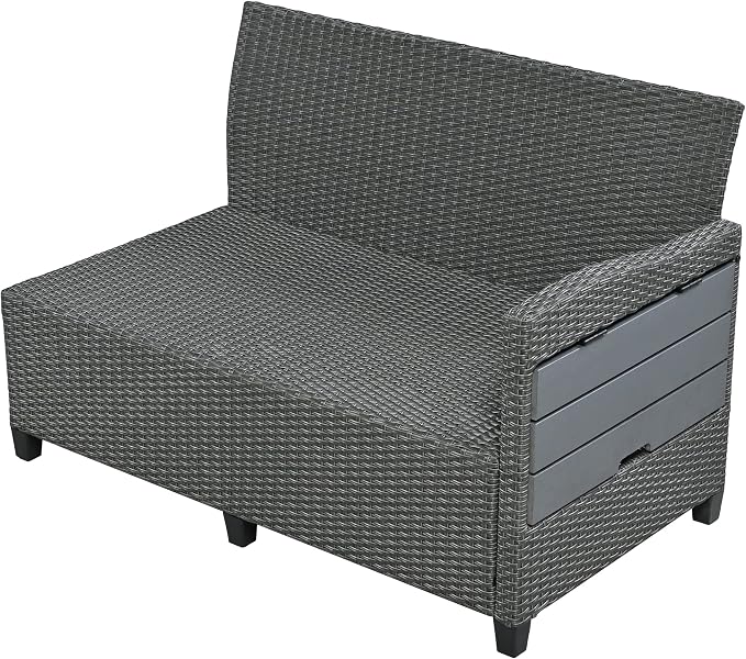 GDFStudio Brava Patio 5-Piece Conversation Set, Outdoor Rattan Sectional Sofa Set with Extendable Side Tables, Dining Table and Bench, L Shaped PE Wicker Furniture Set for Garden, Poolside, Grey