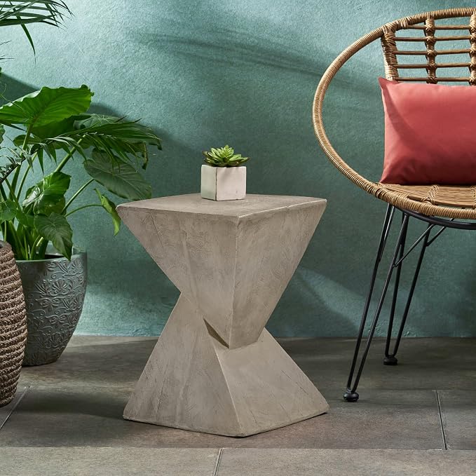 Merax Modern Concrete Side Table with Hourglass Design - Hand-Painted Wood Finish Accenttable for Indoor/Outdoor, Light Grey